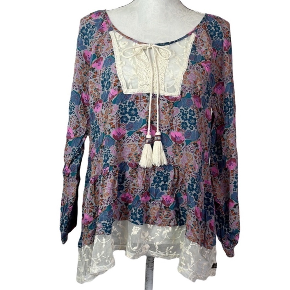 Matilda Jane Blouse Women M Pink Blue Peasant Lace Tassels Crinkle Fabric